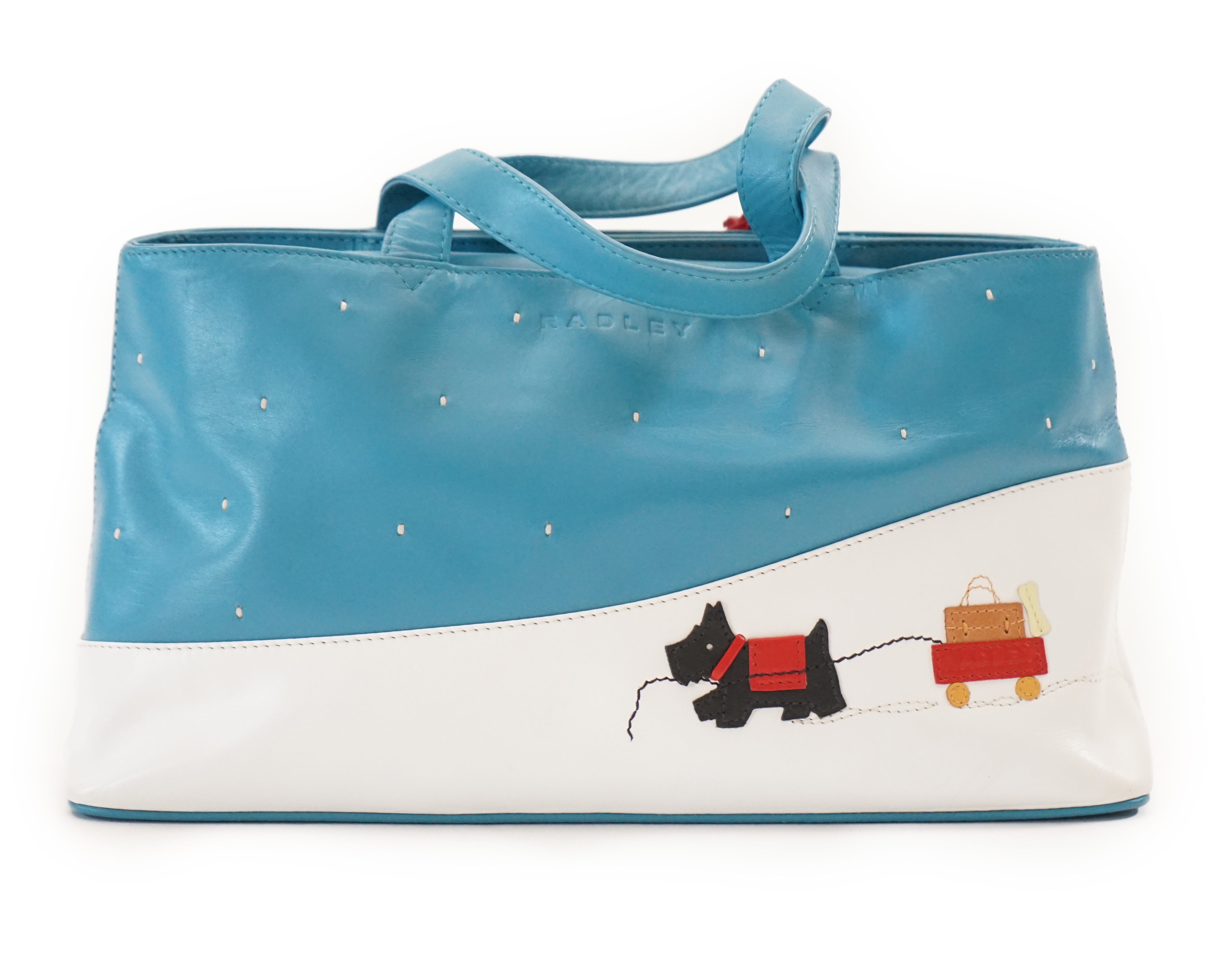 A Radley blue and white 'Explorer' leather grab handle bag 2004, width 30cm, depth 8.5cm, height 16cm